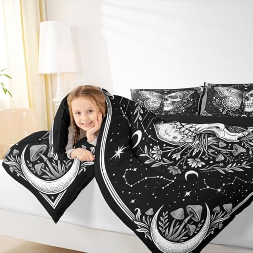 Butterfly Skull Full Size Comforter Set,White Mushroom Skeleton Bedding Comforters Bedroom Collection,Floral Starry Moon Duvet Insert,Gothic Aesthetic Room Decor 3 Pcs Bedding Set for Girls Teens