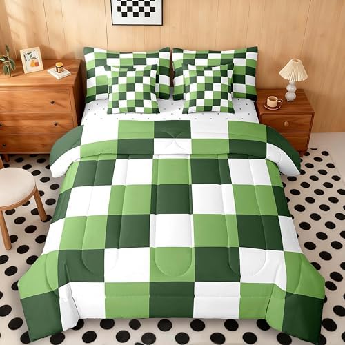 jejeloiu Green White Bedding Set 7Pcs King Size Kids Checkered Grid Comforter Set with Sheets for Boys Girls Classic Plaid Buffalo Check Bed in a Bag Soft Lightweight,Microfiber