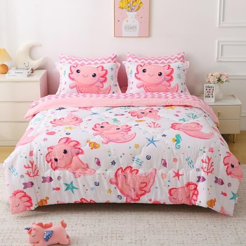 Girls Pink 7 Piece Axolotl Comforter Set for Kids Full Size Kawaii Axolotl Bedding for Teen 3D Animals Colorful Bed Set (Comforter,Flat Sheet,Fitted Sheet and Pillow Sham)