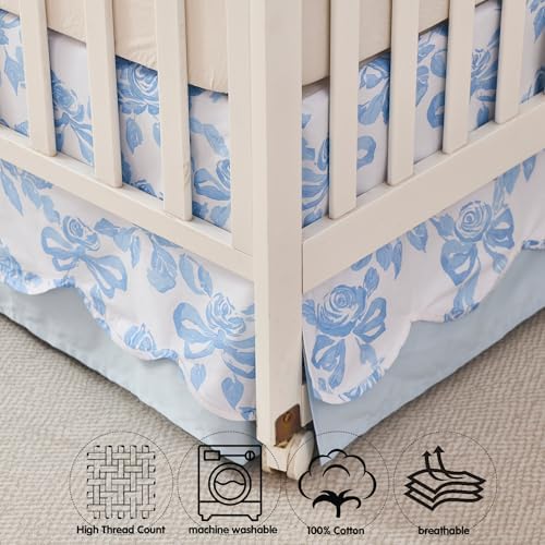 Brandream Scallop Edge Crib Skirt Organic Cotton Baby Girls Crib Skirt Toddler Bedskirt French Country Cottagecore Rose Bows Farmhouse Chic Nursery Crib Bed Skirt 2-Tiered with Solid Blue Skirt