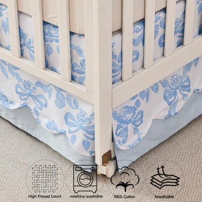 Brandream Scallop Edge Crib Skirt Organic Cotton Baby Girls Crib Skirt Toddler Bedskirt French Country Cottagecore Rose Bows Farmhouse Chic Nursery Crib Bed Skirt 2-Tiered with Solid Blue Skirt