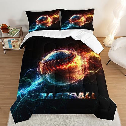 HOSIMA Baseball Comforter for Boys Girls Teens,Flame Lightning Twin Bed in a Bag Sports Themed Bedroom Decor,Dorm Room Essentials for College Students Boys Soft Microfiber Black Comforter.