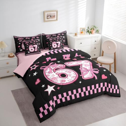Erosebridal Cute Coquette Bow Twin Bedding Set 7 Piece for Kids Girls Cartoon 67 Bowknot Comforter Set with Sheets Pink Checkered Plaid Number Print Bed in A Bag Girly Kawaii Six Seven Bed Set