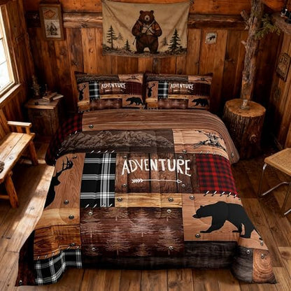 Deer Antlers Bear Silhouette Kids Comforter Set Full Size,Old Wooden Plank Plaid Bedding Set for Teens Adults Camper Home Decor,Rustic Adventure Quilt Set Brown Vintage Duvet Insert,2 Pillowcases