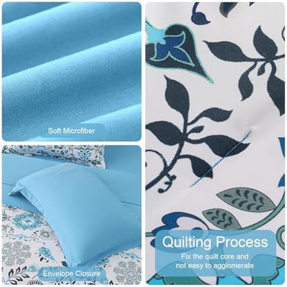 DHSFKBE Boho Comforter Set Queen - 7 Pieces Bed in a Bag Floral Design, Bohemian Comforter Set with Sheets, Soft Microfiber Complete Bedding Sets All Season (Light Blue, Queen)