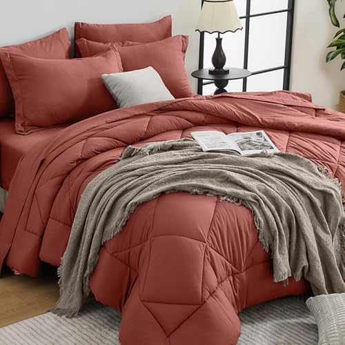 HEVUMYI 7-Piece King Comforter Set, Terracotta Bed in a Bag