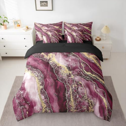 Erosebridal Marble Texture Bedding Set for Kids Teens,Golden Marble Grain Comforter Set King Size,Retro Artwork (Comforter+Fitted+Flat Sheet+2 Pillowcases+2 Throw Pillow Covers) 7 Pieces Bed Set