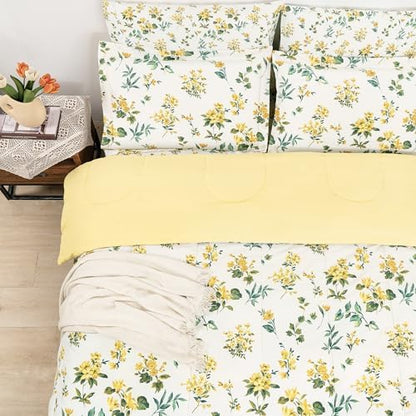 lasoftan Floral King Comforter Set with Sheets, 7 piece Luxury Vintage Bedding, Soft Microfiber Bed in a Bag, Cozy Lightweight Bed Set, Yellow Flower Green Leaves