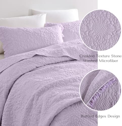 HORIMOTE HOME Lavender Ruffled Quilt Queen Size, Stone-Washed Microfiber Lightweight Crinkled Farmhouse Rustic Shabby Chic Bedding Set, 3 Pieces Reversible Bedspread with Pillow Shams for All Season