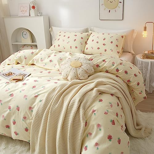VM VOUGEMARKET Kids Duvet Cover Set Twin XL Kawaii Strawberry Duvet Cover with 2 Pillowcases 100% Cotton Fruit Comforter Cover with Zipper for Teen Girls Room Decor-68x90 Inch