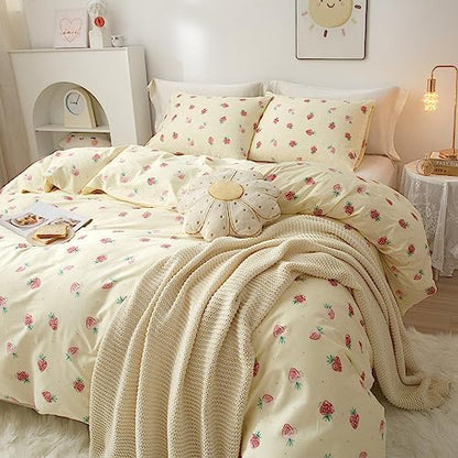 VM VOUGEMARKET Kids Duvet Cover Set Twin XL Kawaii Strawberry Duvet Cover with 2 Pillowcases 100% Cotton Fruit Comforter Cover with Zipper for Teen Girls Room Decor-68x90 Inch