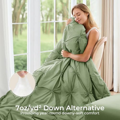 Sasttie Queen Comforter Set, 7-Piece Bed in a Bag, Pintuck Bedding Sets for All Season, Includes Comforter, Flat Sheet, Fitted Sheet, Pillowcases and Pillowshams, Pale Green