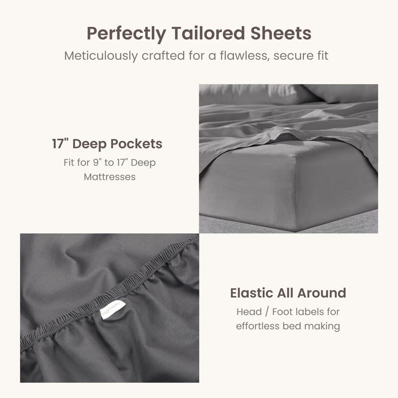 BIOWEAVES 100% Organic Cotton Sheets, 300 Thread Count 3-Piece GOTS Certified Bed Sheet Set Fits Mattress Upto 17" Deep Pocket, Soft & Silky Sateen Weave (Twin, Stone)