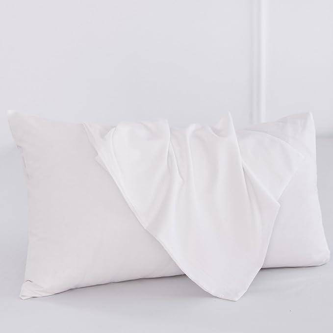 MooMee Bedding Pillowcases Pack of 2 100% Washed Cotton Linen Like Textured Breathable Durable Soft Comfy (Solid Bright White, Queen)