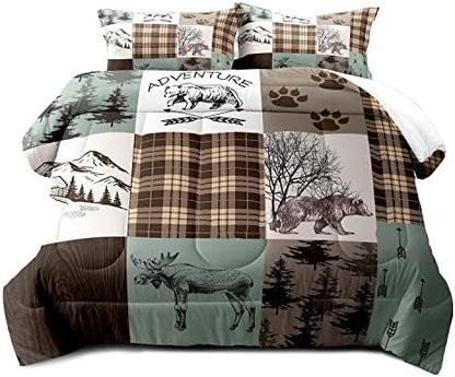 LUVIVIHOME 2PCS Rustic Farmhouse Comforter Set, Brown Plaid Patchwork Sage Green Twin Comforter, Bear Deer Elk Moose Woodland Forest Animal Wildlife Country Cabin Bedding Lodge Quilt, 1 Pillow Sham