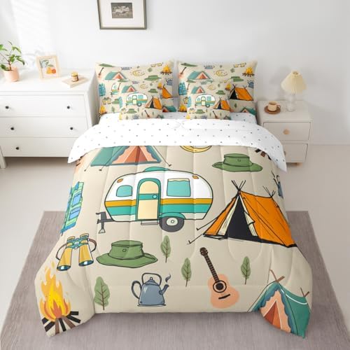 Erosebridal Cartoon Travel RV 7 Pieces Bedding Set Full Size,Happy Camping Theme Bed in a Bag,Cartoon Tent Trees Bed Set Includes Comforter,Sheet Set,Pillowcases & Pillow Covers,Camper Bedroom Decor
