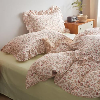 Vintage Floral Duvet Cover King 100% Cotton Pink Flower Duvet Cover with 2 Ruffle Pillowcases Girls Boho Lace Floral Bedding Set Aesthetic Garden Style Botanical Comforter Cover King with Zipper Ties