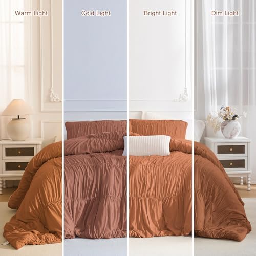 Masaca 120x120 Oversized Comforter King Size,Ruched Pumpkin California King Bed Comforter Set Modern Style Shabby Boho Chic Rustic Farmhouse Microfiber Bedroom Bedding Set 3PCS