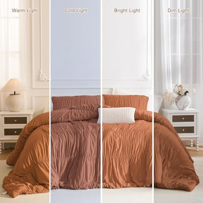 Masaca 120x120 Oversized Comforter King Size,Ruched Pumpkin California King Bed Comforter Set Modern Style Shabby Boho Chic Rustic Farmhouse Microfiber Bedroom Bedding Set 3PCS