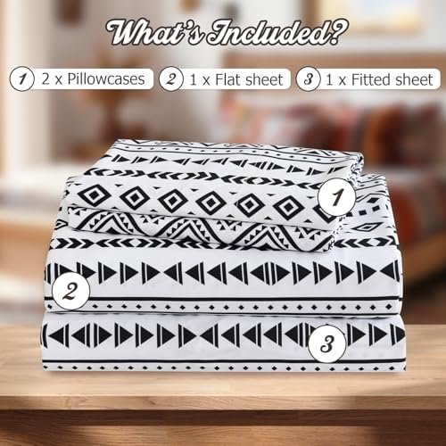 CozySmile King Size Sheet Set 4 Piece,Soft & Breathable Bedding Deep Pocket 16" Cooling Wrinkle Free Comforter Bed Set Western Sheets Geometric(King, Black White Geometric)