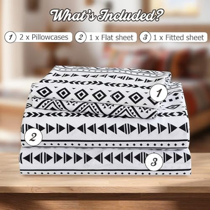 CozySmile King Size Sheet Set 4 Piece,Soft & Breathable Bedding Deep Pocket 16" Cooling Wrinkle Free Comforter Bed Set Western Sheets Geometric(King, Black White Geometric)