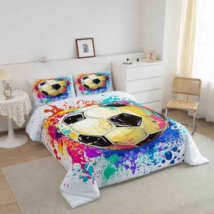 Castle Fairy Soccer Comforter Set Twin Size,Watercolor Tie-dye Duvet Insert for Kid Teen Boys Girls Room Decor,Sports Game Quilted Duvet,Colorful Graffiti Hip Hop Quilt Cover with 1 Pillowcase