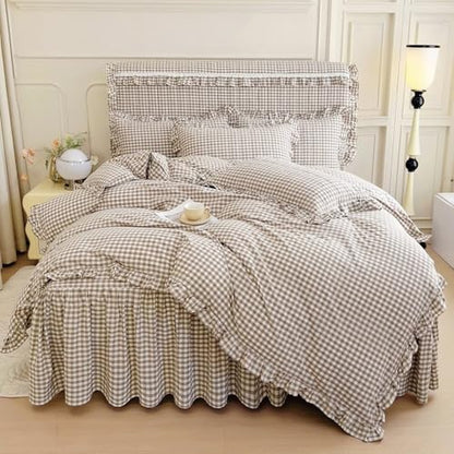 mixinni Vintage Ruffle Tan Gingham Comforter Set 3-Piece Washed Cotton Queen Beige Grid Bedding Set with Taupe Geometric Checkered Pattern, Farmhouse Chic Soft Fluffy Comforter for All-Season