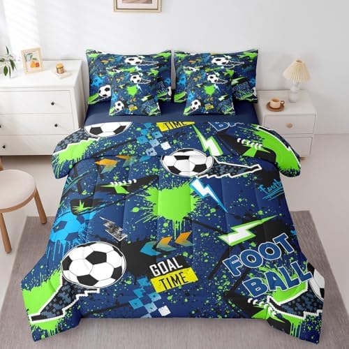 Erosebridal Boys Soccer 7 Piece Bedding Set Full Size,Lightning Football Bed in a Bag,Sports Ball Game Bed Set Includes Comforter, Sheet Set, Pillowcases & Pillow Covers All Season Bedroom Decor