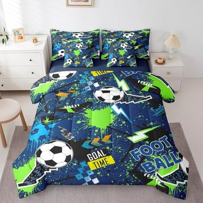 Erosebridal Boys Soccer 7 Piece Bedding Set Full Size,Lightning Football Bed in a Bag,Sports Ball Game Bed Set Includes Comforter, Sheet Set, Pillowcases & Pillow Covers All Season Bedroom Decor