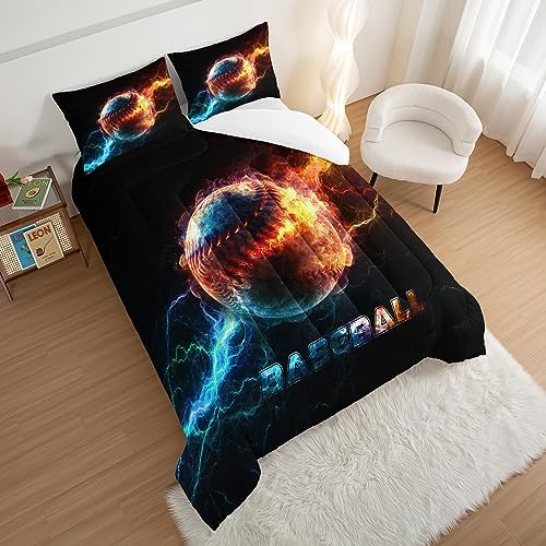 HOSIMA Baseball Comforter for Boys Girls Teens,Flame Lightning Full Size Bed in a Bag Sports Themed Bedroom Decor,Dorm Room Essentials for College Students Boys Soft Microfiber Black Comforter.