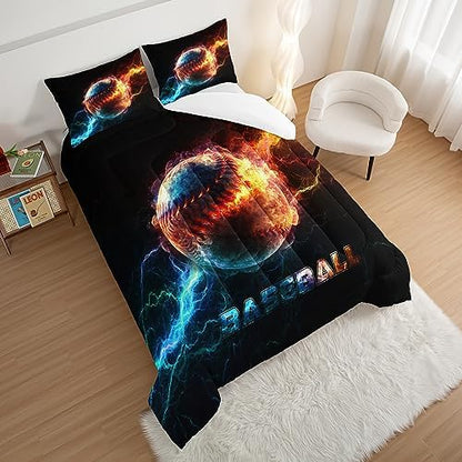 HOSIMA Baseball Comforter for Boys Girls Teens,Flame Lightning Full Size Bed in a Bag Sports Themed Bedroom Decor,Dorm Room Essentials for College Students Boys Soft Microfiber Black Comforter.