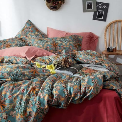 Vintage Style Boho Floral Duvet Cover Queen Percale Cotton Comforter Cover Medallion Paisley Print Bedding Set Vibrant Bohemian Flower Comforter Cover Boho Farmhouse Duvet Quilt Cover with Zipper Ties