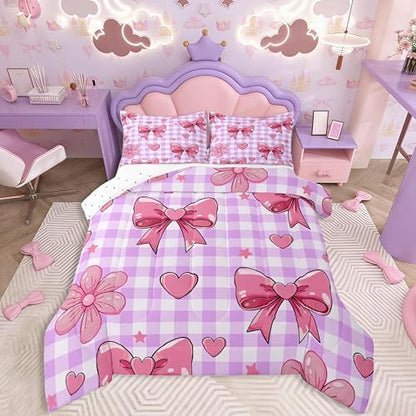 jejeloiu Purple Bowknot Kids Comforter Set King Size Checkerboard Bedding Set Pink Bow Duvet Quilt for Kids Boys Girls Bedroom Plaid Decor Microfiber Ultra Soft Breathable