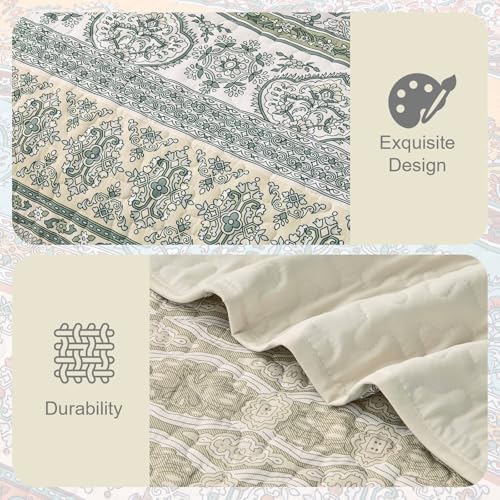 WONGS BEDDING Boho Quilt Queen Size,3 Pcs Beige Bedspread Bedding Set