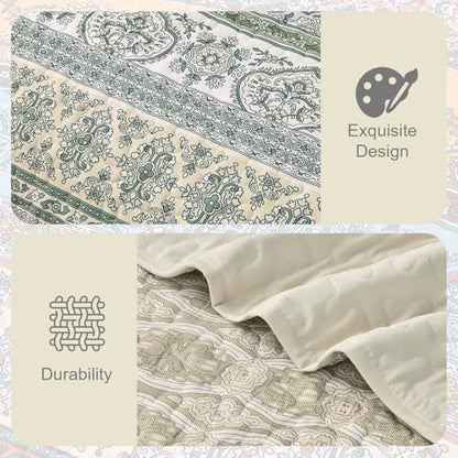 WONGS BEDDING Boho Quilt Queen Size,3 Pcs Beige Bedspread Bedding Set