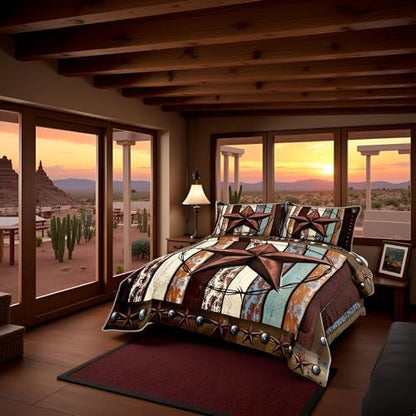 Western Texas Star Kids Comforter Set Full Size,Vintage Wooden Plank Bedding Set,Girls Boys Adults Bedroom Decor,Rustic Farmhouse West Cowboy Down Comforter,Brown Retro Duvet Insert,2 Pillowcases