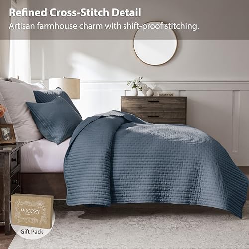 WDCOZY Blue Cross Stitch King Size Quilt Set, Striped Lightweight Soft Bedspread, Channel Farmhouse Rustic Coverlet, All Season Country Bedding, Thin Comforter