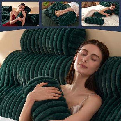Rycwola Faux Fur Headboard Pillow with 2 Pack Neck Roll Pillow Large Headboard Pillow Soft and Supportive with Removable Cover (Green, Queen)