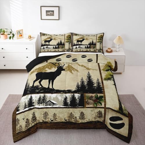 Erosebridal Deer Hunting Comforter Set Twin Size Wild Animal Deer Print Bedding for Boys Girls Western Themed Bedding Comforter Sets Grids Patchwork Decor Duvet Insert Hunting Theme Quilt 2 Pcs