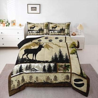 Erosebridal Deer Hunting Comforter Set Twin Size Wild Animal Deer Print Bedding for Boys Girls Western Themed Bedding Comforter Sets Grids Patchwork Decor Duvet Insert Hunting Theme Quilt 2 Pcs