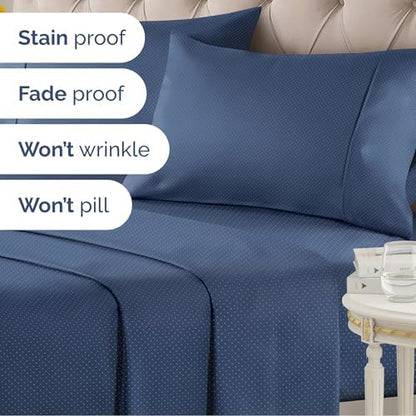 Full 4 Piece Striped Sheet Set - Breathable & Cooling - Navy Microdots