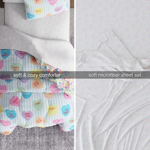 Sweethearts Original Candy Hearts Bedding 5 Piece Twin Bed Set, Soft Cozy Nostalgia Reversible Comforter and Sheet Set with Sham, Officially Licensed Product By Franco