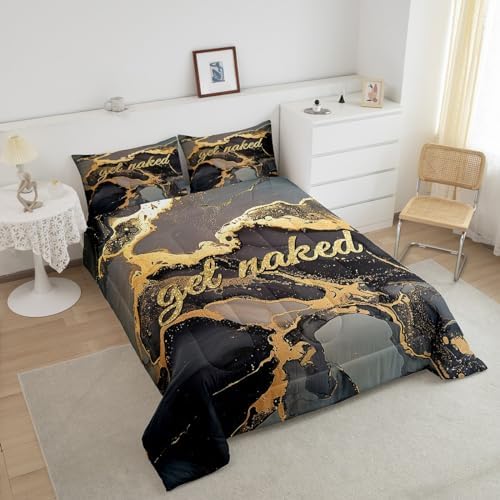 Homewish Get Naked Comforter Set King Size,Gold Glitter Black Marbling Print Bedding Set for Adult Women Men Room Decor,Valentine's Day Funny Quotes Quilt Set Luxury Black Duvet Insert,2 Pillowcases