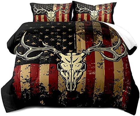 LUVIVIHOME 3PCS Deer Skull Queen Comforter Set, Patriotic American Flag Comforter, 4th of July Independence Day Hunter Elk Moose Wildlife Cabin Country Rustic Hunting Bedding Quilt, 2 Pillow Shams