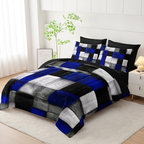 7 Piece Black White Blue Checkered King Size Comforter Set with Sheets，King Size Quilt Bedding Set Checkered，(1 Comforter, 1 Flat Sheet, 1 Fitted Sheet, 2 Pillowcase and 2 Pillow Sham)