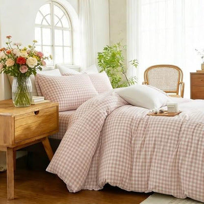 Gingham Duvet Cover Set 3 Piece 100% Washed Cotton Linen Feel Modern Plaid Checkered Bedding Comfy Breathable (Greyish Pink/White Gingham, Full)
