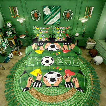 Erosebridal Soccer Gaming Boys Kids Green Football Court Full Comforter Set 7 Pieces | Ball Games Bed in A Bag for Bedroom Sports Theme Playground Bedding Set with Comforters Striped Room Decor