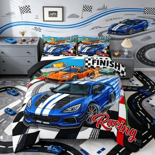 Feelyou Boys Race Car Kids Comforter Set Queen Size Sports Racing Car Bedding Set Extreme Sports Duvet Quilt for Kids Boys Girls Bedroom Automobile Decor Microfiber Ultra Soft Breathable