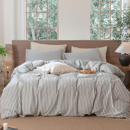MooMee Striped Duvet Cover Set 100% Washed Cotton Linen Like Alaska King