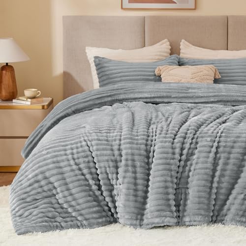 BEDELITE Fleece California King Comforter Set, Fluffy Bed Set, Light Grey